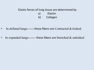 Elastic forces of lung tissue are determined by
a) Elastin
b) Collagen
• In deflated lungs-------these fibers are Contracted & kinked.
• In expanded lungs------- these fibers are Stretched & unkinked
 
