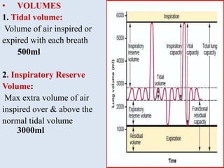 • VOLUMES
1. Tidal volume:
Volume of air inspired or
expired with each breath
500ml
2. Inspiratory Reserve
Volume:
Max extra volume of air
inspired over & above the
normal tidal volume
3000ml
 