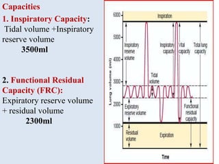 Capacities
1. Inspiratory Capacity:
Tidal volume +Inspiratory
reserve volume
3500ml
2. Functional Residual
Capacity (FRC):
Expiratory reserve volume
+ residual volume
2300ml
 