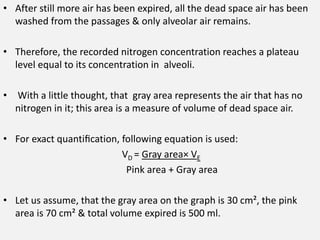 • After still more air has been expired, all the dead space air has been
washed from the passages & only alveolar air remains.
• Therefore, the recorded nitrogen concentration reaches a plateau
level equal to its concentration in alveoli.
• With a little thought, that gray area represents the air that has no
nitrogen in it; this area is a measure of volume of dead space air.
• For exact quantiﬁcation, following equation is used:
VD = Gray area× VE
Pink area + Gray area
• Let us assume, that the gray area on the graph is 30 cm², the pink
area is 70 cm² & total volume expired is 500 ml.
 