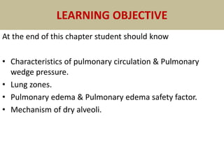 LEARNING OBJECTIVE
At the end of this chapter student should know
• Characteristics of pulmonary circulation & Pulmonary
wedge pressure.
• Lung zones.
• Pulmonary edema & Pulmonary edema safety factor.
• Mechanism of dry alveoli.
 