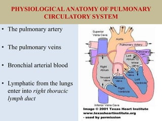 PHYSIOLOGICALANATOMY OF PULMONARY
CIRCULATORY SYSTEM
• The pulmonary artery
• The pulmonary veins
• Bronchial arterial blood
• Lymphatic from the lungs
enter into right thoracic
lymph duct
 