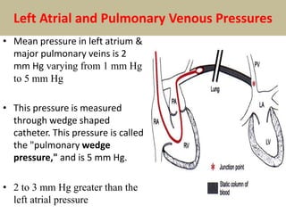 Left Atrial and Pulmonary Venous Pressures
• Mean pressure in left atrium &
major pulmonary veins is 2
mm Hg varying from 1 mm Hg
to 5 mm Hg
• This pressure is measured
through wedge shaped
catheter. This pressure is called
the "pulmonary wedge
pressure," and is 5 mm Hg.
• 2 to 3 mm Hg greater than the
left atrial pressure
 