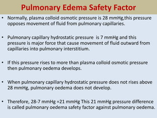 Pulmonary Edema Safety Factor
• Normally, plasma colloid osmotic pressure is 28 mmHg,this pressure
opposes movement of fluid from pulmonary capillaries.
• Pulmonary capillary hydrostatic pressure is 7 mmHg and this
pressure is major force that cause movement of fluid outward from
capillaries into pulmonary interstitium.
• If this pressure rises to more than plasma colloid osmotic pressure
then pulmonary oedema develops.
• When pulmonary capillary hydrostatic pressure does not rises above
28 mmHg, pulmonary oedema does not develop.
• Therefore, 28-7 mmHg =21 mmHg This 21 mmHg pressure difference
is called pulmonary oedema safety factor against pulmonary oedema.
 