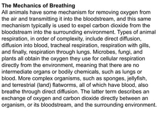 The Mechanics of Breathing
All animals have some mechanism for removing oxygen from
the air and transmitting it into the bloodstream, and this same
mechanism typically is used to expel carbon dioxide from the
bloodstream into the surrounding environment. Types of animal
respiration, in order of complexity, include direct diffusion,
diffusion into blood, tracheal respiration, respiration with gills,
and finally, respiration through lungs. Microbes, fungi, and
plants all obtain the oxygen they use for cellular respiration
directly from the environment, meaning that there are no
intermediate organs or bodily chemicals, such as lungs or
blood. More complex organisms, such as sponges, jellyfish,
and terrestrial (land) flatworms, all of which have blood, also
breathe through direct diffusion. The latter term describes an
exchange of oxygen and carbon dioxide directly between an
organism, or its bloodstream, and the surrounding environment.

 