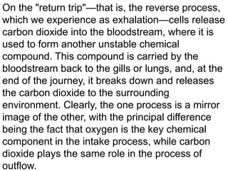 On the "return trip"—that is, the reverse process,
which we experience as exhalation—cells release
carbon dioxide into the bloodstream, where it is
used to form another unstable chemical
compound. This compound is carried by the
bloodstream back to the gills or lungs, and, at the
end of the journey, it breaks down and releases
the carbon dioxide to the surrounding
environment. Clearly, the one process is a mirror
image of the other, with the principal difference
being the fact that oxygen is the key chemical
component in the intake process, while carbon
dioxide plays the same role in the process of
outflow.

 