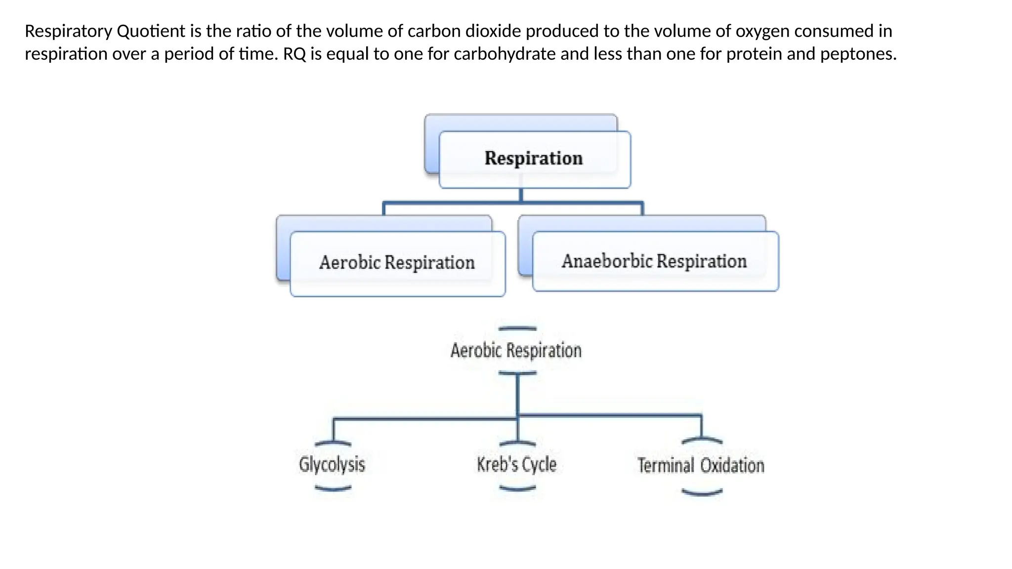 Respiratory Quotient is the ratio of the volume of carbon dioxide produced to the volume of oxygen consumed in
respiration over a period of time. RQ is equal to one for carbohydrate and less than one for protein and peptones.
 