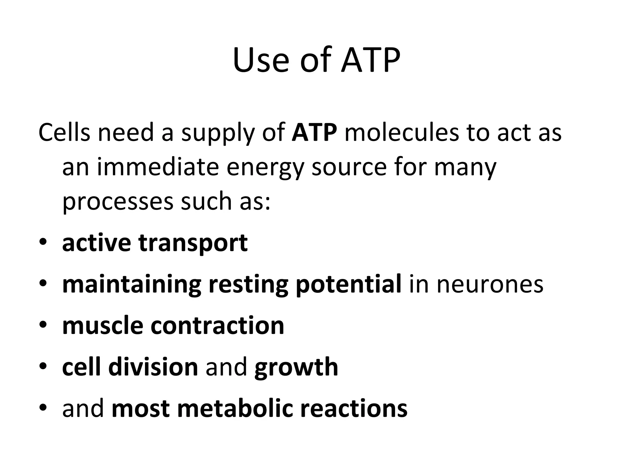 Use of ATP Cells need a supply of  ATP  molecules to act as an immediate energy source for many processes such as: active transport maintaining resting potential  in neurones muscle contraction cell division  and  growth and  most metabolic reactions 