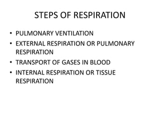 STEPS OF RESPIRATION
• PULMONARY VENTILATION
• EXTERNAL RESPIRATION OR PULMONARY
RESPIRATION
• TRANSPORT OF GASES IN BLOOD
• INTERNAL RESPIRATION OR TISSUE
RESPIRATION
 