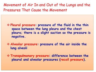  Pleural pressure: pressure of the fluid in the thin
space between the lung pleura and the chest
pleura; there is a slight suction so the pressure is
negative.
 Alveolar pressure: pressure of the air inside the
lung alveoli
 Transpulmonary pressure: difference between the
pleural and alveolar pressures (recoil pressure).
Movement of Air In and Out of the Lungs and the
Pressures That Cause the Movement
 