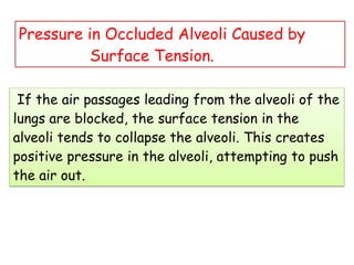 If the air passages leading from the alveoli of the
lungs are blocked, the surface tension in the
alveoli tends to collapse the alveoli. This creates
positive pressure in the alveoli, attempting to push
the air out.
Pressure in Occluded Alveoli Caused by
Surface Tension.
 