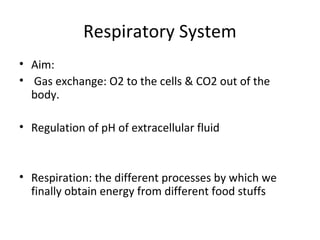 Respiratory System
• Aim:
• Gas exchange: O2 to the cells & CO2 out of the
body.
• Regulation of pH of extracellular fluid

• Respiration: the different processes by which we
finally obtain energy from different food stuffs

 