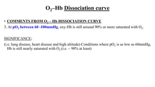 O2–Hb Dissociation curve
• COMMENTS FROM O2 – Hb DISSOCIATION CURVE
3. At pO2 between 60 -100mmHg, oxy-Hb is still around 90% or more saturated with O2.
SIGNIFICANCE;
(i.e. lung disease, heart disease and high altitude) Conditions where pO2 is as low as 60mmHg,
Hb is still nearly saturated with O2 (i.e. ~ 90% at least)
 