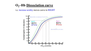 O2–Hb Dissociation curve
i.e. increase acidity moves curve to RIGHT
 