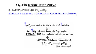 O2–Hb Dissociation curve
2. PARTIAL PRESSURE CO2 (pCO2)
EXPLAIN THE EFFECT OF ACIDITY ON AFFINITY OF Hb-02.
 