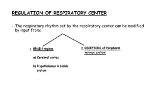 REGULATION OF RESPIRATORY CENTER
- The respiratory rhythm set by the respiratory center can be modified
by input from;
 