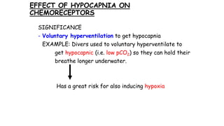 EFFECT OF HYPOCAPNIA ON
CHEMORECEPTORS
SIGNIFICANCE
- Voluntary hyperventilation to get hypocapnia
EXAMPLE: Divers used to voluntary hyperventilate to
get hypocapnic (i.e. low pCO2) so they can hold their
breathe longer underwater.
Has a great risk for also inducing hypoxia
 
