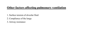 Other factors affecting pulmonary ventilation
1. Surface tension of alveolar fluid
2. Compliance of the lungs
3. Airway resistance
 