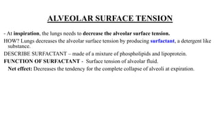 ALVEOLAR SURFACE TENSION
- At inspiration, the lungs needs to decrease the alveolar surface tension.
HOW? Lungs decreases the alveolar surface tension by producing surfactant, a detergent like
substance.
DESCRIBE SURFACTANT – made of a mixture of phospholipids and lipoprotein.
FUNCTION OF SURFACTANT - Surface tension of alveolar fluid.
Net effect: Decreases the tendency for the complete collapse of alveoli at expiration.
 