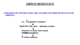 AIRWAY RESISTANCE
2) DEGREE OF CONTRACTION. RELAXATION OF SMOOTH MUSCLES OF
AIRWAYS.
 