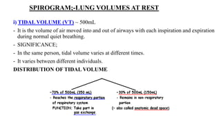 SPIROGRAM;-LUNG VOLUMES AT REST
i) TIDAL VOLUME (VT) ~ 500mL
- It is the volume of air moved into and out of airways with each inspiration and expiration
during normal quiet breathing.
- SIGNIFICANCE;
- In the same person, tidal volume varies at different times.
- It varies between different individuals.
DISTRIBUTION OF TIDAL VOLUME
 