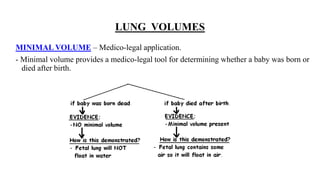 LUNG VOLUMES
MINIMAL VOLUME – Medico-legal application.
- Minimal volume provides a medico-legal tool for determining whether a baby was born or
died after birth.
 