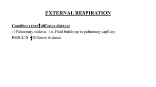 EXTERNAL RESPIRATION
Conditions that diffusion distance
1) Pulmonary oedema i.e. Fluid builds-up in pulmonary capillary
RESULTS: Diffusion distance
 