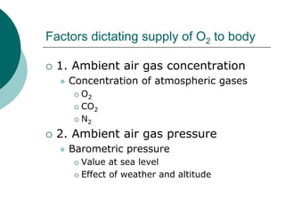 Factors dictating supply of O2 to body

 1. Ambient air gas concentration
    Concentration of atmospheric gases
      O2
      CO2
      N2
 2. Ambient air gas pressure
    Barometric pressure
      Value at sea level
      Effect of weather and altitude
 