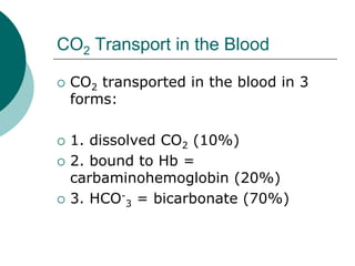 CO2 Transport in the Blood

 CO2 transported in the blood in 3
 forms:

 1. dissolved CO2 (10%)
 2. bound to Hb =
 carbaminohemoglobin (20%)
 3. HCO-3 = bicarbonate (70%)
 