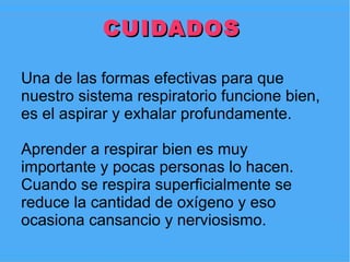 CUIDADOS

Una de las formas efectivas para que
nuestro sistema respiratorio funcione bien,
es el aspirar y exhalar profundamente.

Aprender a respirar bien es muy
importante y pocas personas lo hacen.
Cuando se respira superficialmente se
reduce la cantidad de oxígeno y eso
ocasiona cansancio y nerviosismo.
 