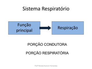 Sistema Respiratório
Profª Renata Avancini Fernandes
Função
principal
Respiração
PORÇÃO CONDUTORA
PORÇÃO RESPIRATÓRIA
 