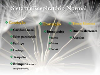 Sistema Respiratório Normal

Condução               Transição       Troca Gasosa
  Cavidade nasal                        Ductos alveolares
                          Bronquíolos
  Seios paranasais         1ários      Alvéolos
  Faringe                  2ários

  Laringe                  3ários

  Traquéia

  Brônquios (extra e
    intrapulmonares)
 