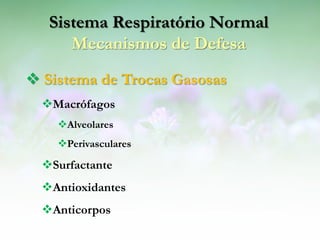 Sistema Respiratório Normal
      Mecanismos de Defesa
 Sistema de Trocas Gasosas
  Macrófagos
    Alveolares
    Perivasculares

  Surfactante
  Antioxidantes
  Anticorpos
 