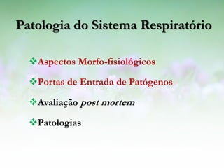Patologia do Sistema Respiratório

  Aspectos Morfo-fisiológicos

  Portas de Entrada de Patógenos

  Avaliação post mortem

  Patologias
 