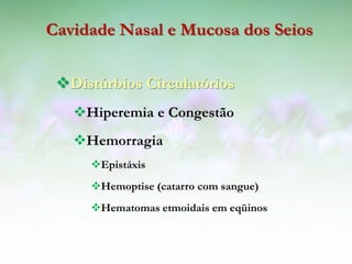 Cavidade Nasal e Mucosa dos Seios


 Distúrbios Circulatórios
   Hiperemia e Congestão
   Hemorragia
     Epistáxis
     Hemoptise (catarro com sangue)
     Hematomas etmoidais em eqüinos
 