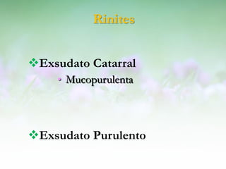 Rinites


Exsudato Catarral
    • Mucopurulenta




Exsudato Purulento
 
