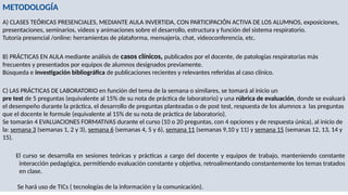METODOLOGÍA
A) CLASES TEÓRICAS PRESENCIALES, MEDIANTE AULA INVERTIDA, CON PARTICIPACIÓN ACTIVA DE LOS ALUMNOS, exposiciones,
presentaciones, seminarios, videos y animaciones sobre el desarrollo, estructura y función del sistema respiratorio.
Tutoría presencial /online: herramientas de plataforma, mensajería, chat, videoconferencia, etc.
B) PRÁCTICAS EN AULA mediante análisis de casos clínicos, publicados por el docente, de patologías respiratorias más
frecuentes y presentados por equipos de alumnos designados previamente.
Búsqueda e investigación bibliográfica de publicaciones recientes y relevantes referidas al caso clínico.
C) LAS PRÁCTICAS DE LABORATORIO en función del tema de la semana o similares, se tomará al inicio un
pre test de 5 preguntas (equivalente al 15% de su nota de práctica de laboratorio) y una rúbrica de evaluación, donde se evaluará
el desempeño durante la práctica, el desarrollo de preguntas planteadas o de post test, respuesta de los alumnos a las preguntas
que el docente le formule (equivalente al 15% de su nota de práctica de laboratorio).
Se tomarán 4 EVALUACIONES FORMATIVAS durante el curso (10 o 20 preguntas, con 4 opciones y de respuesta única), al inicio de
la: semana 3 (semanas 1, 2 y 3), semana 6 (semanas 4, 5 y 6), semana 11 (semanas 9,10 y 11) y semana 15 (semanas 12, 13, 14 y
15).
El curso se desarrolla en sesiones teóricas y prácticas a cargo del docente y equipos de trabajo, manteniendo constante
interacción pedagógica, permitiendo evaluación constante y objetiva, retroalimentando constantemente los temas tratados
en clase.
Se hará uso de TICs ( tecnologías de la información y la comunicación).
 
