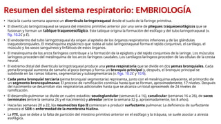 Resumen del sistema respiratorio: EMBRIOLOGÍA
• Hacia la cuarta semana aparece un divertículo laringotraqueal desde el suelo de la faringe primitiva.
• El divertículo laringotraqueal se separa del intestino primitivo anterior por una serie de pliegues traqueoesofágicos que se
fusionan y forman un tabique traqueoesofágico. Este tabique origina la formación del esófago y del tubo laringotraqueal (v.
fig. 10.2C y E).
• El endodermo del tubo laringotraqueal da origen al epitelio de los órganos respiratorios inferiores y de las glándulas
traqueobronquiales. El mesénquima esplácnico que rodea al tubo laringotraqueal forma el tejido conjuntivo, el cartílago, el
músculo y los vasos sanguíneos y linfáticos de estos órganos.
• El mesénquima de los arcos faríngeos contribuye a la formación de la epiglotis y del tejido conjuntivo de la laringe. Los músculos
laríngeos proceden del mesénquima de los arcos faríngeos caudales. Los cartílagos laríngeos proceden de las células de la cresta
neural.
• El extremo distal del divertículo laringotraqueal produce una yema respiratoria que se divide en dos yemas bronquiales. Cada
yema bronquial aumenta de tamaño al poco tiempo y forma un bronquio principal y, después, el bronquio principal se
subdivide en las ramas lobares, segmentarias y subsegmentarias (v. figs. 10.2C y 10.9).
• Cada yema bronquial terciaria (yema bronquial segmentaria) representa, junto con el mesénquima adyacente, el primordio de
un segmento broncopulmonar. El proceso de ramificación continúa hasta que se forman, aproximadamente, 17 niveles. Después
del nacimiento se desarrollan vías respiratorias adicionales hasta que se alcanza un total aproximado de 24 niveles de
ramificación.
• El desarrollo pulmonar se divide en cuatro estadios: seudoglandular (semanas 6 a 16), canalicular (semanas 16 a 26), de sacos
terminales (entre la semana 26 y el nacimiento) y alveolar (entre la semana 32 y, aproximadamente, los 8 años).
• Hacia las semanas 20 a 22, los neumocitos tipo II comienzan a producir surfactante pulmonar. La deficiencia de surfactante
provoca el SDR o enfermedad de la membrana hialina.
• La FTE, que se debe a la falta de partición del intestino primitivo anterior en el esófago y la tráquea, se suele asociar a atresia
esofágica.
 