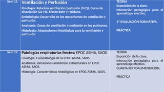 Sem 11 Ventilación y Perfusión
Fisiología: Relación ventilación/perfusión (V/Q). Curva de
disociación O2-Hb. Efecto Bohr y Haldane.
Embriología: Desarrollo de los mecanismos de ventilación y
perfusión.
Anatomía: Zonas de ventilación y perfusión en los pulmones.
Histología: Adaptaciones histológicas para la ventilación y
perfusión.
TEORIA
Exposición de la clase.
Interacción pedagógica para el
aprendizaje efectivo.
3ª EVALUACIÓN FORMATIVA.
PRÁCTICA
Sem 12 Patologías respiratorias frectes: EPOC ASMA, SAOS
Fisiología: Fisiopatología de la EPOC ASMA, SAOS.
Anatomía: Variaciones anatómico estructurales en EPOC
ASMA, SAOS.
Histología: Características histológicas en EPOC ASMA, SAOS.
TEORIA
Exposición de la clase.
Interacción pedagógica para el
aprendizaje efectivo.
CUARTA RETROALIMENTACIÓN.
PRÁCTICA
 