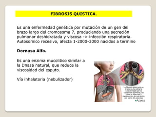 FIBROSIS QUISTICA.
Es una enfermedad genética por mutación de un gen del
brazo largo del cromosoma 7, produciendo una secreción
pulmonar deshidratada y viscosa -> infección respiratoria.
Autosomico recesivo, afecta 1-2000-3000 nacidos a termino
Dornasa Alfa.
Es una enzima mucolitico similar a
la Dnasa natural, que reduce la
viscosidad del esputo.
Vía inhalatoria (nebulizador)
 