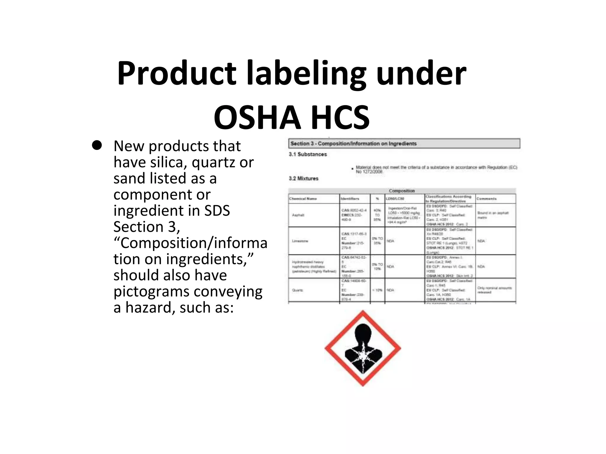 Product labeling under
OSHA HCS
 New products that
have silica, quartz or
sand listed as a
component or
ingredient in SDS
Section 3,
“Composition/informa
tion on ingredients,”
should also have
pictograms conveying
a hazard, such as:
 