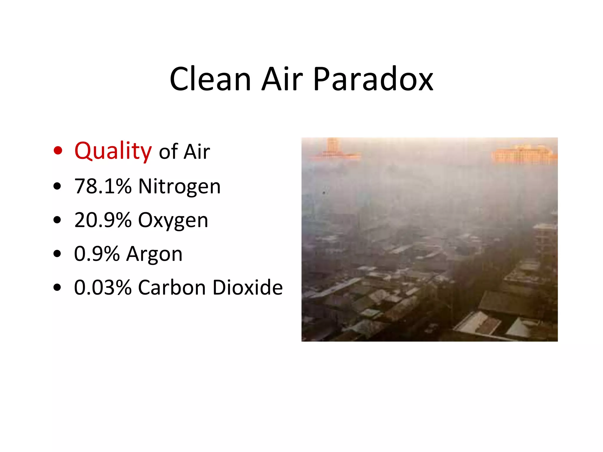 Clean Air Paradox
• Quality of Air
• 78.1% Nitrogen
• 20.9% Oxygen
• 0.9% Argon
• 0.03% Carbon Dioxide
 