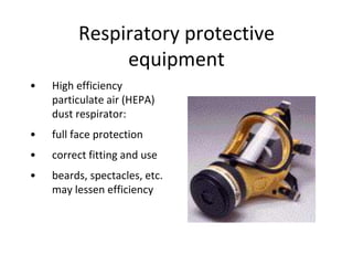 Respiratory protective
equipment
• High efficiency
particulate air (HEPA)
dust respirator:
• full face protection
• correct fitting and use
• beards, spectacles, etc.
may lessen efficiency
 