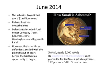 June 2014
• The asbestos lawsuit that
saw a $1 million award
• Richard Rost has
Mesothelioma
• Defendants included Ford
Motor Company (Ford),
General Electric,
Westinghouse and Ingersoll-
Rand.
• However, the latter three
defendants settled with the
plaintiffs out of court,
before the trial had an
opportunity to begin.
Overall, nearly 3,000 people
are diagnosed with mesothelioma each
year in the United States, which represents
0.02 percent of all U.S. cancer cases.
 