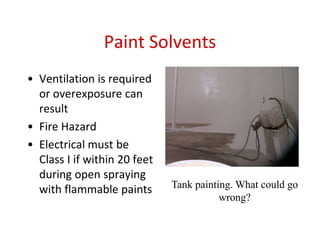 Paint Solvents
• Ventilation is required
or overexposure can
result
• Fire Hazard
• Electrical must be
Class I if within 20 feet
during open spraying
with flammable paints Tank painting. What could go
wrong?
 