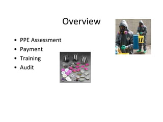 • PPE Assessment
• Payment
• Training
• Audit
Overview
 