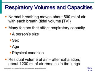 Respiratory Volumes and Capacities Slide 13.26 Copyright © 2003 Pearson Education, Inc. publishing as Benjamin Cummings Normal breathing moves about 500 ml of air with each breath (tidal volume [TV]) Many factors that affect respiratory capacity A person’s size Sex Age Physical condition Residual volume of air – after exhalation, about 1200 ml of air remains in the lungs 