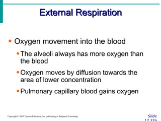 External Respiration Slide 13.32a Copyright © 2003 Pearson Education, Inc. publishing as Benjamin Cummings Oxygen movement into the blood The alveoli always has more oxygen than the blood Oxygen moves by diffusion towards the area of lower concentration Pulmonary capillary blood gains oxygen 