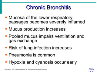 Chronic Bronchitis Slide 13.42 Copyright © 2003 Pearson Education, Inc. publishing as Benjamin Cummings Mucosa of the lower respiratory passages becomes severely inflamed Mucus production increases Pooled mucus impairs ventilation and gas exchange Risk of lung infection increases Pneumonia is common Hypoxia and cyanosis occur early 