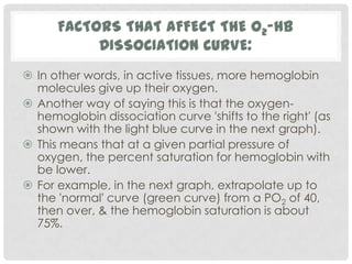FACTORS THAT AFFECT THE O2-HB
           DISSOCIATION CURVE:
 In other words, in active tissues, more hemoglobin
  molecules give up their oxygen.
 Another way of saying this is that the oxygen-
  hemoglobin dissociation curve 'shifts to the right' (as
  shown with the light blue curve in the next graph).
 This means that at a given partial pressure of
  oxygen, the percent saturation for hemoglobin with
  be lower.
 For example, in the next graph, extrapolate up to
  the 'normal' curve (green curve) from a PO2 of 40,
  then over, & the hemoglobin saturation is about
  75%.
 